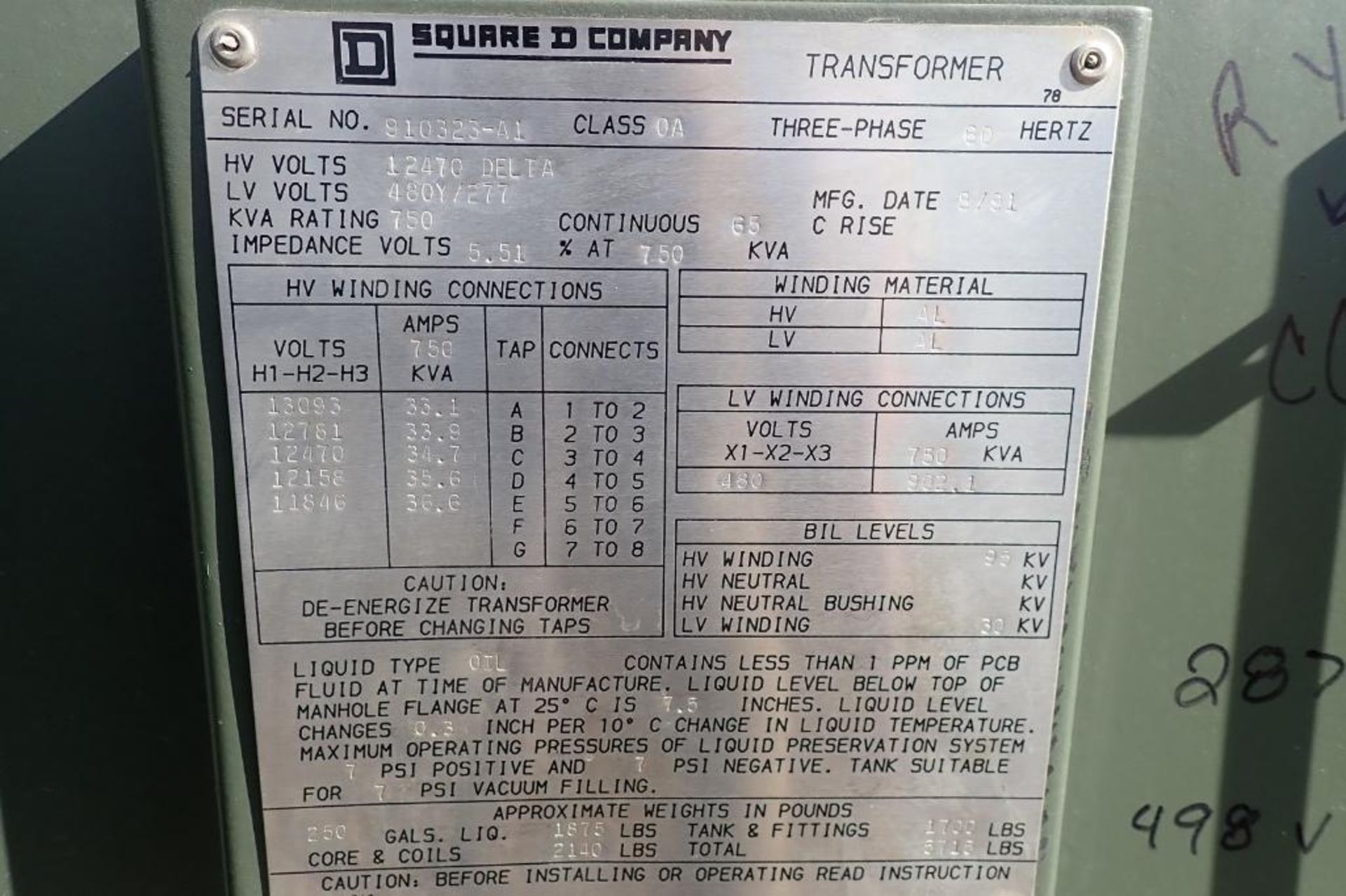 Square D 12,000 volt transformer - (Located in Fayetteville, AR) - Image 6 of 10