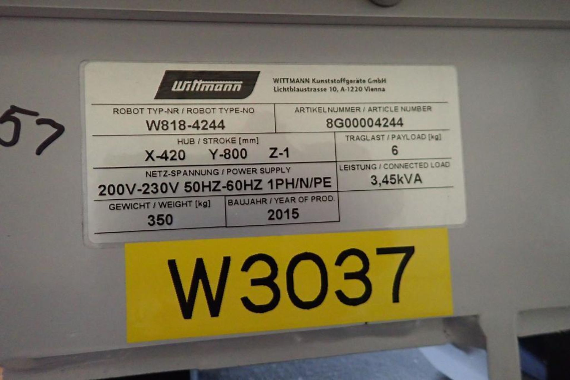 2015 Whittmann robotic inter molded label placing system, robot type W837-0139, article number - Image 49 of 96