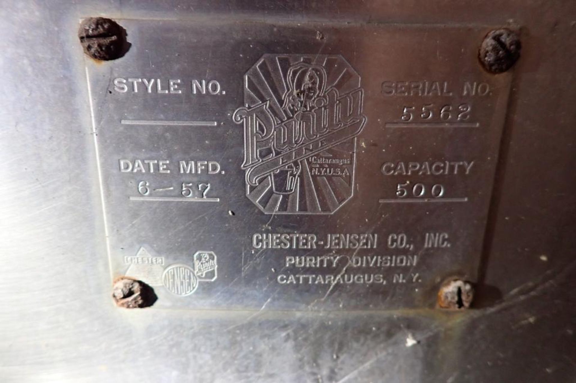1957 Chester Jensen 500 gallon tank, SN 5562, 60 in dia x 51 in. straight side, flat bottom, open - Image 12 of 12