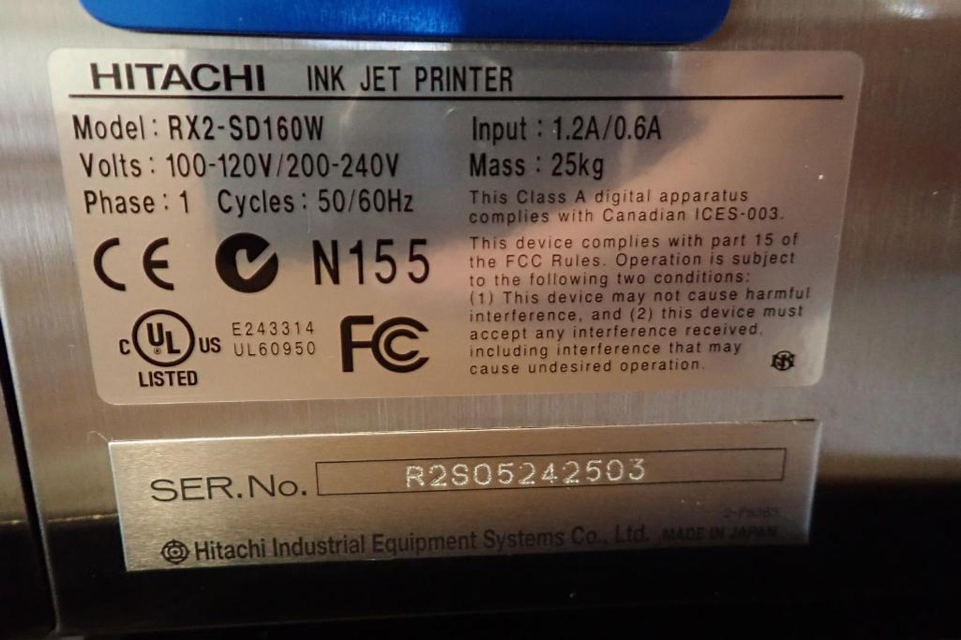 Hitachi ink jet printer, Model RX2-SD160W, SN R2S05242503, 1 ph., 100-120 volt, on stand { Rigging - Image 8 of 14