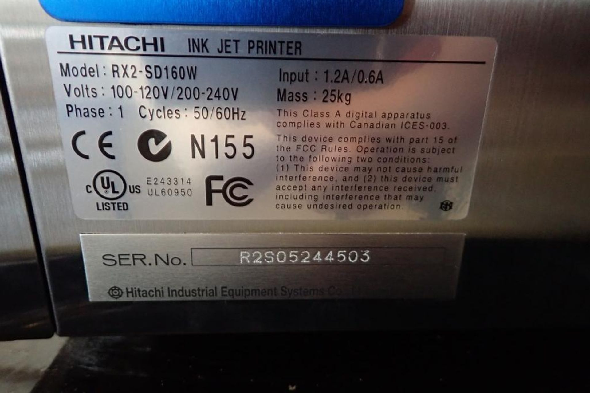 Hitachi ink jet printer, Model RX2-SD160W, SN R2S05244503, 1 ph., 100-120 volt, on stand { Rigging - Image 11 of 12