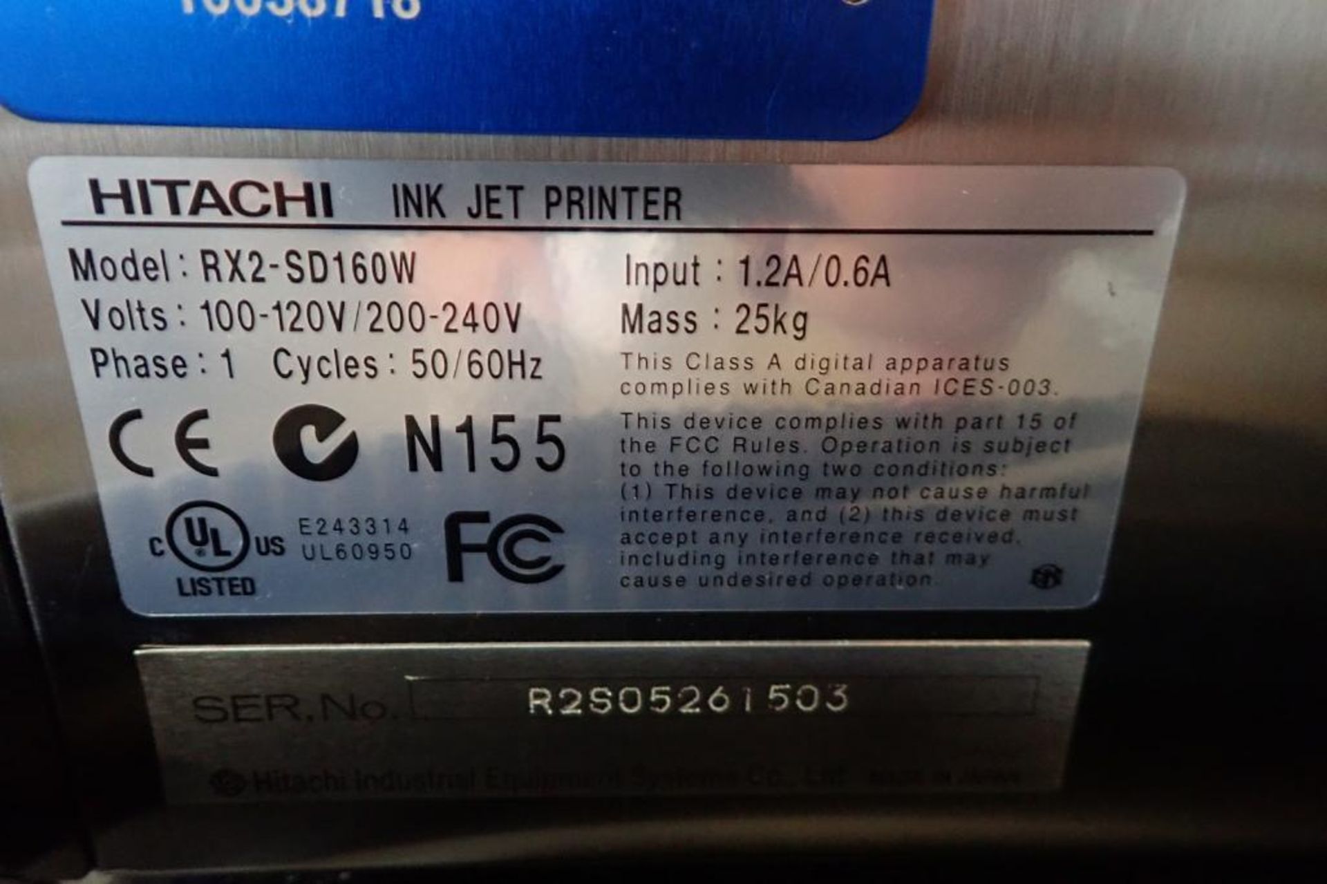 Hitachi ink jet printer, Model RX2-SD160W, SN R2S05261503, 1 ph., 100-120 volt, on stand { Rigging - Image 11 of 12