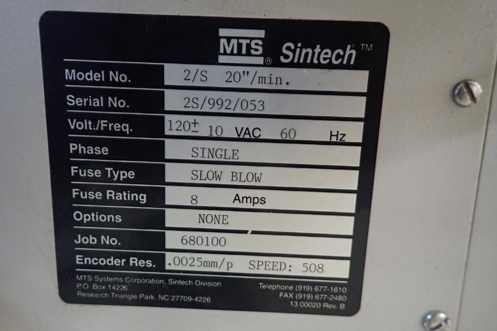 MTS Sintech tensile strength tester, Model 2/S 20 in./min, SN 2S/992/053, 120 volt, 1 ph. { - Image 9 of 14