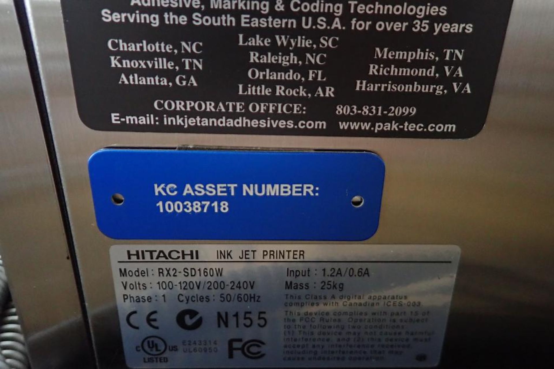 Hitachi ink jet printer, Model RX2-SD160W, SN R2S05261503, 1 ph., 100-120 volt, on stand { Rigging - Image 12 of 12