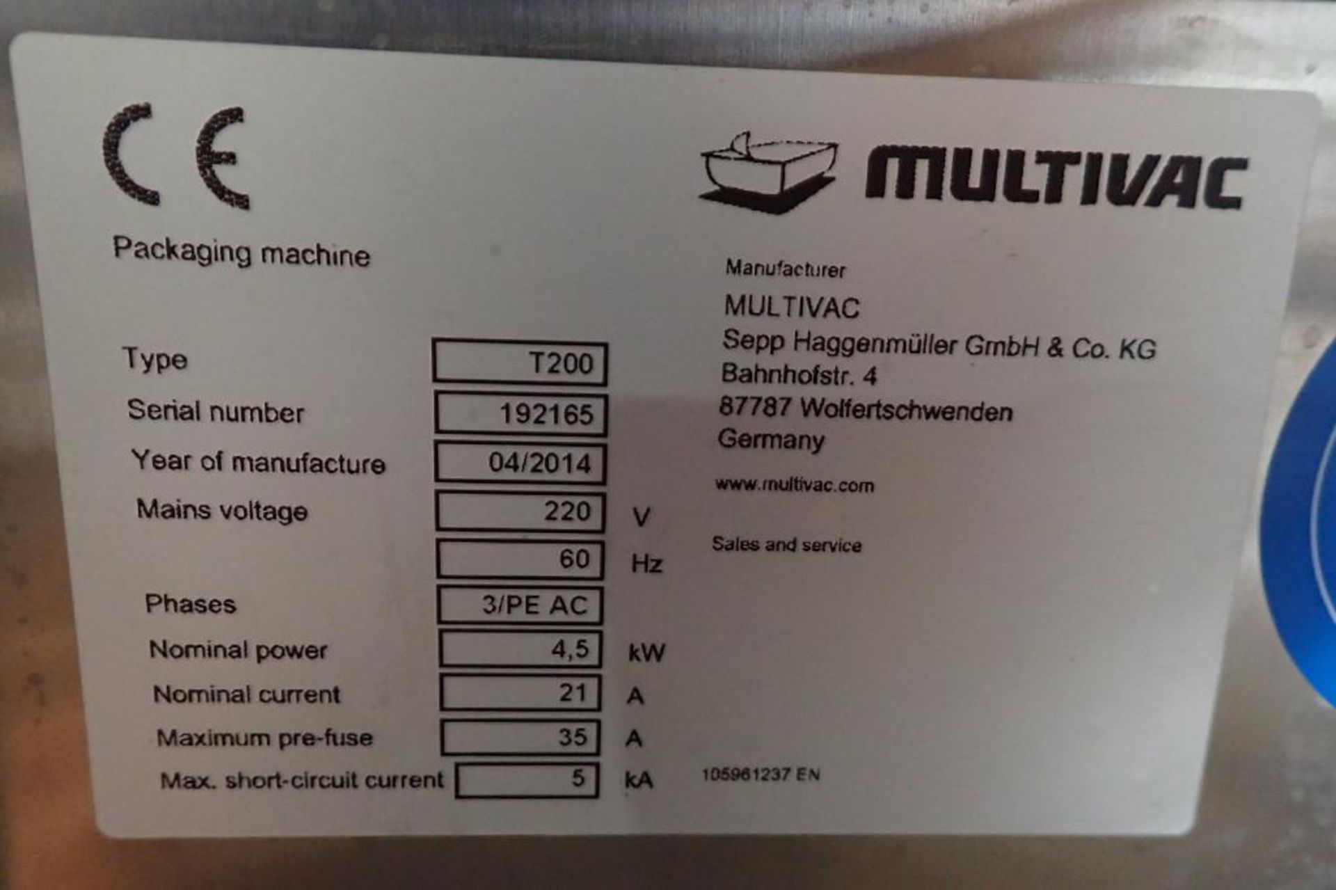 2014 Multivac tray sealer, Model T200, SN 192165, 220 volt, 3 phase, with pallet of spare plates ( - Image 13 of 19