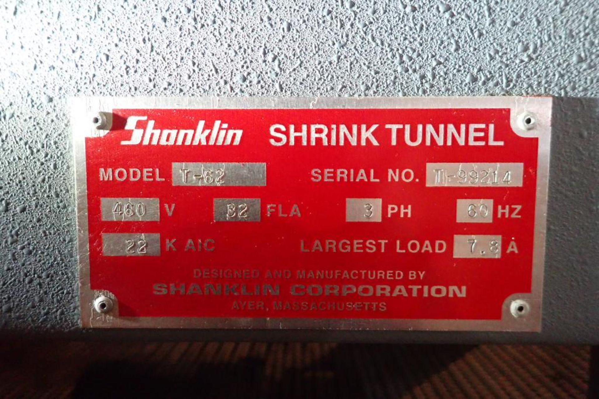 Shanklin heat shrink tunnel, Model T-62, SN T-99214, tunnel 61 in. long x 19 in. wide x 10 in. tall, - Image 13 of 13
