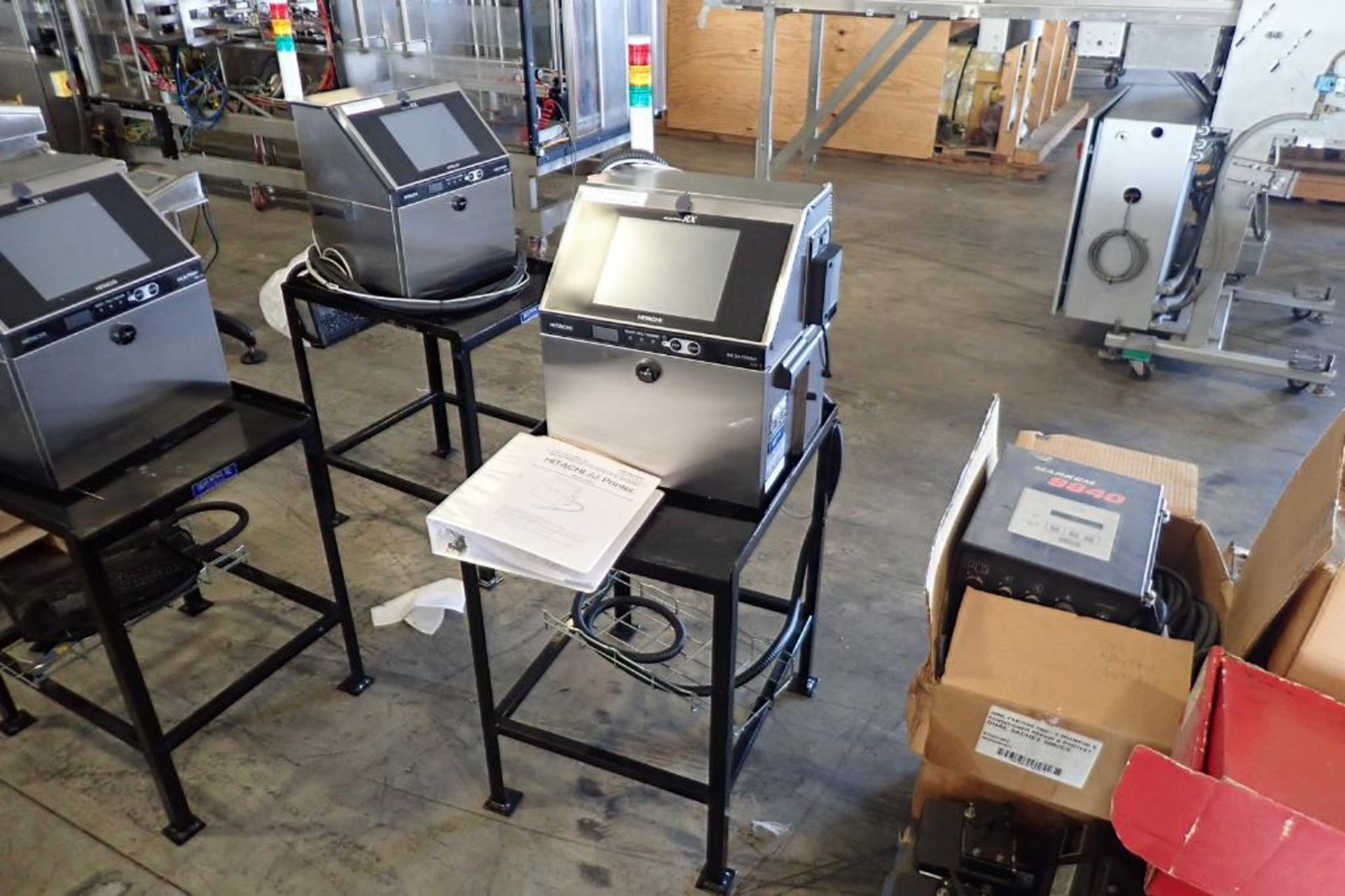 Hitachi ink jet printer, Model RX2-SD160W, SN R2S05242503, 1 ph., 100-120 volt, on stand { Rigging