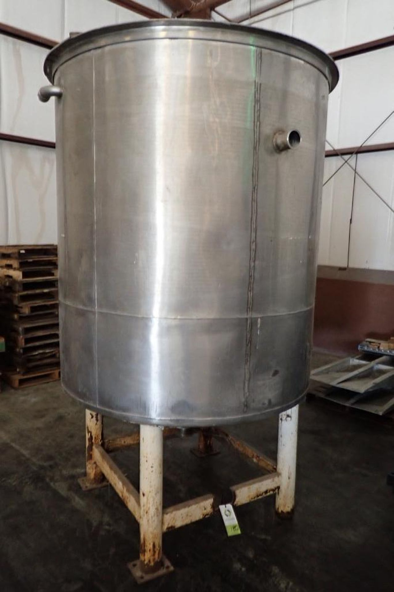 SS tank, 60 in. dia x 66 in. straight side, dome bottom, 4 in. discharge, mild steel legs, overall - Image 5 of 11