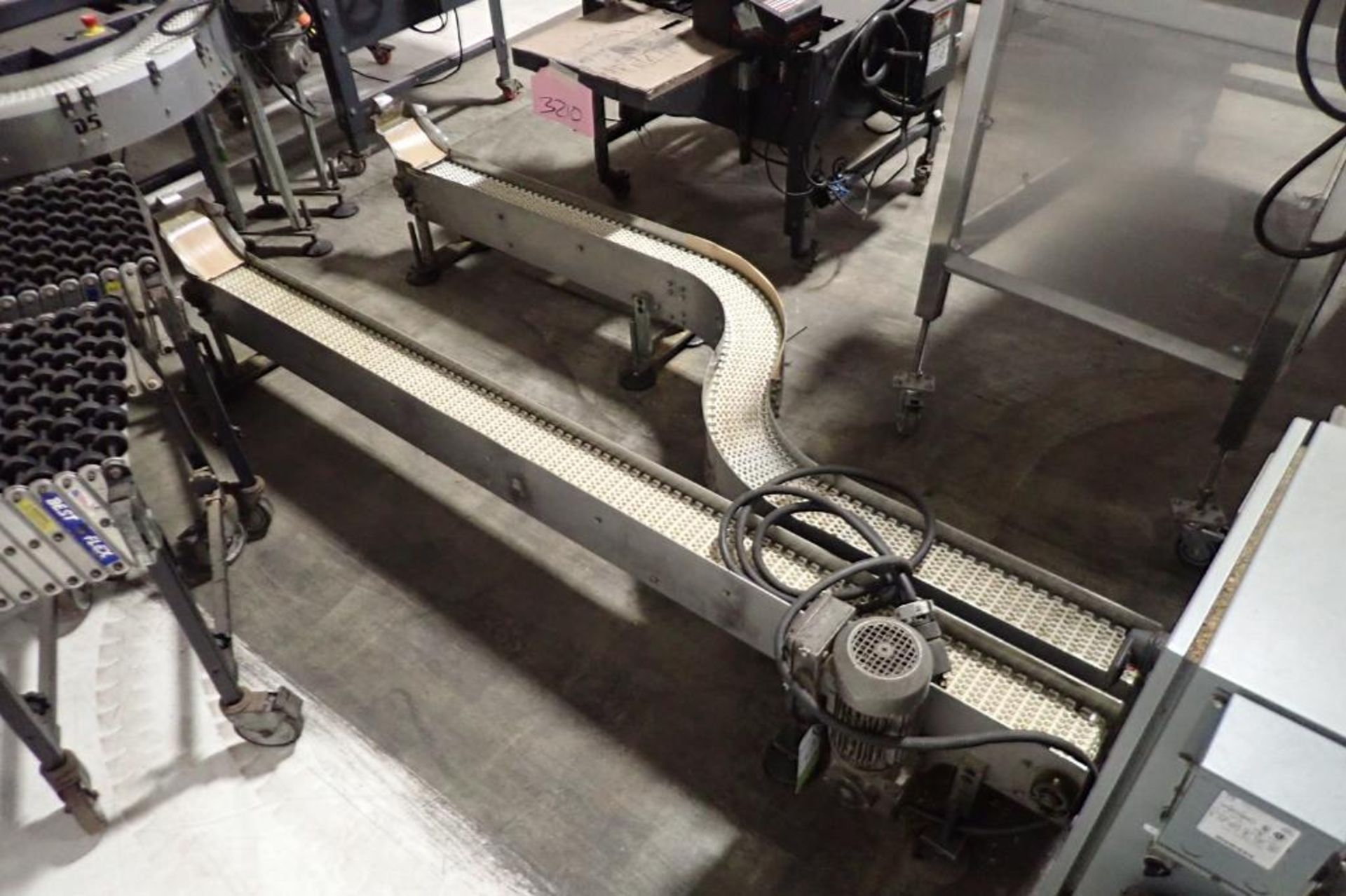 SS white plastic chain conveyor. {Located in Visalia, CA}