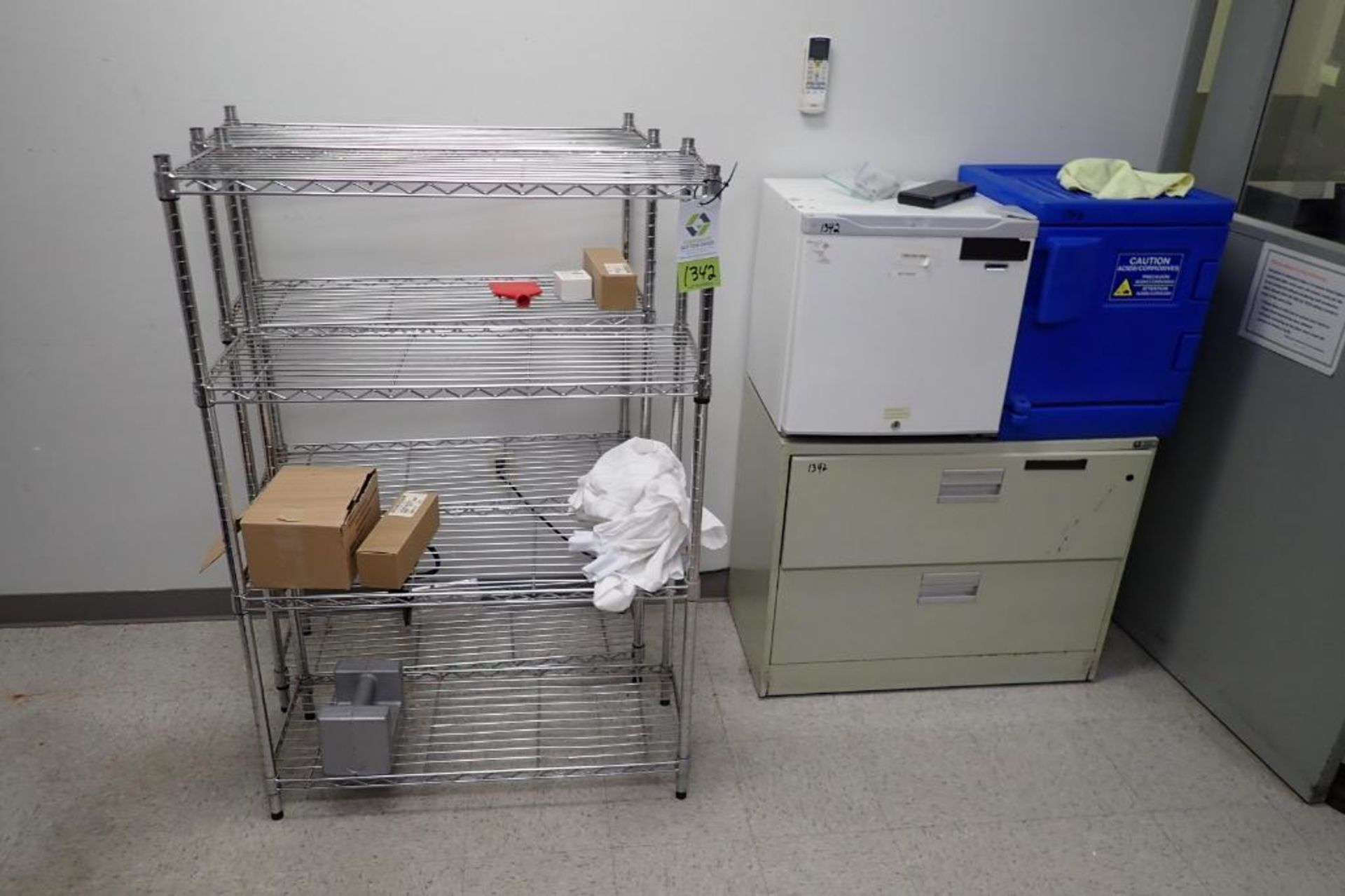(2) Metro wire racks; lab fridge; safety cabinet. {Located in Visalia, CA}