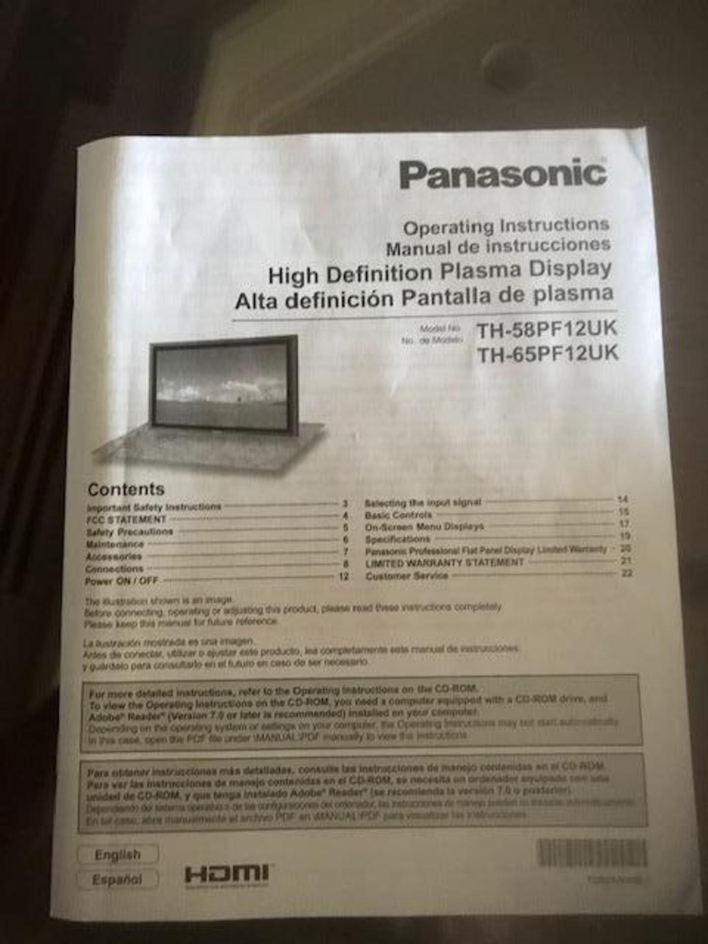 Panasonic Plasma Display 65" Model TH-65PF12 w/remote with side mount speakers - Image 4 of 4