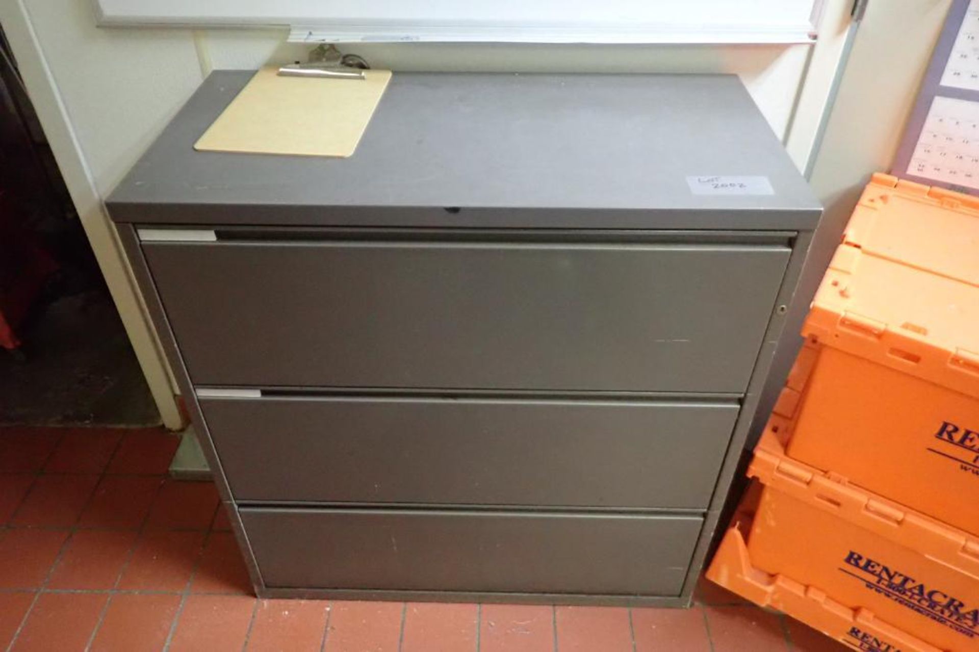 Contents of office, work surface wall track, 2 filing cabinets, 4 flip up doors, chairs, safe, 3 dra - Image 7 of 9