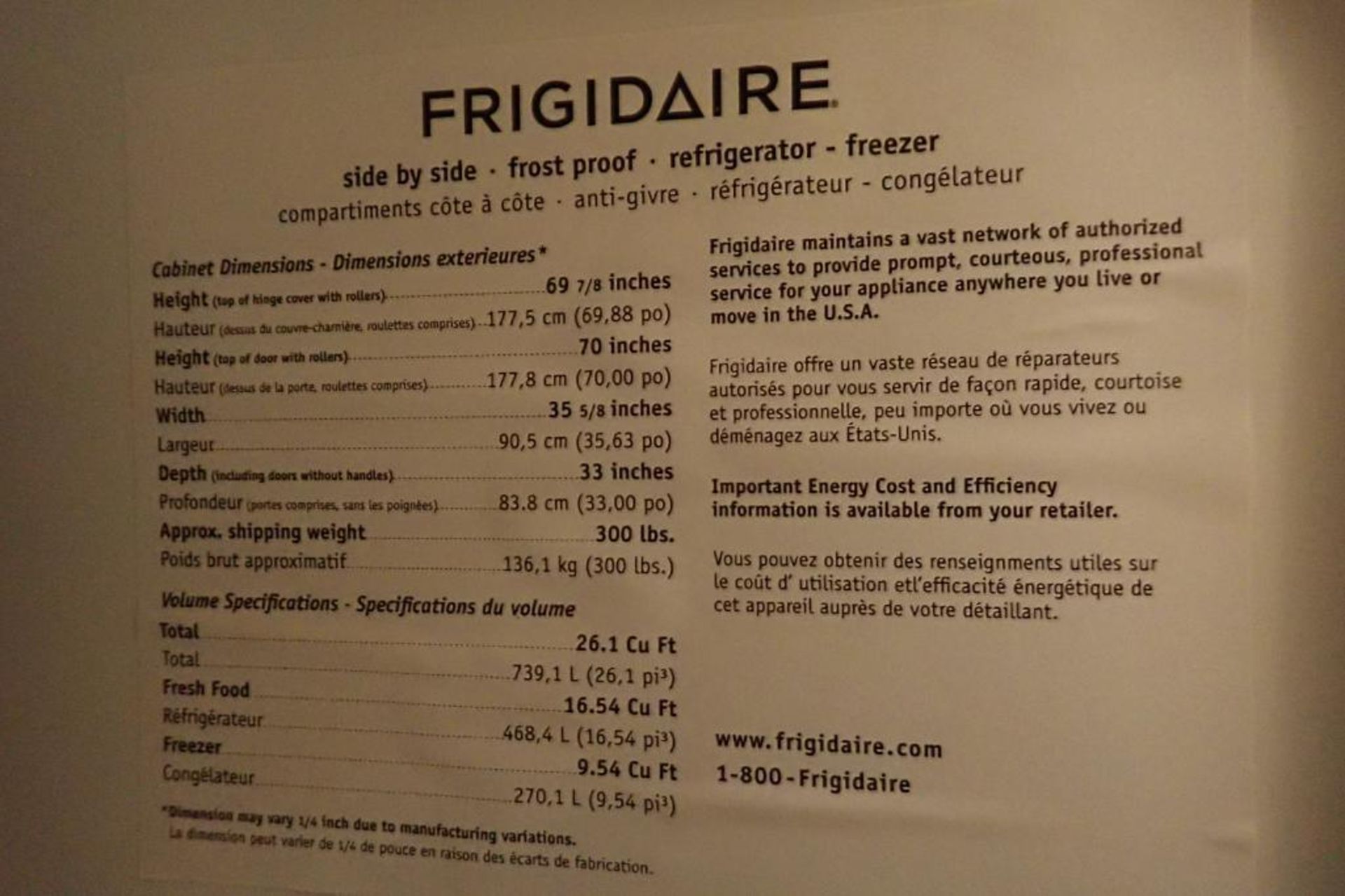 Frigidaire SS side by side refrigerator and freezer combo - Image 4 of 10