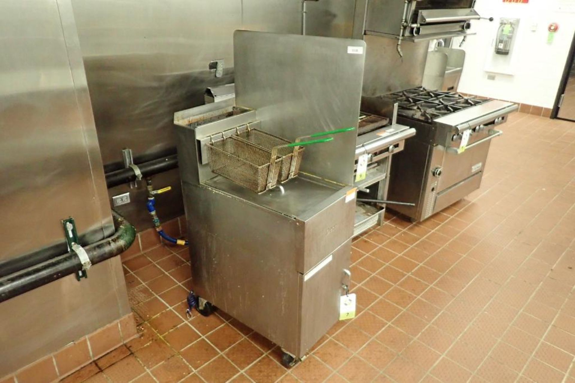 Dean 2 basket fryer, Model SM150GNS, 40 lb fryer, 16 in. wide x 29 in. deep x 59 in. tall, on caster