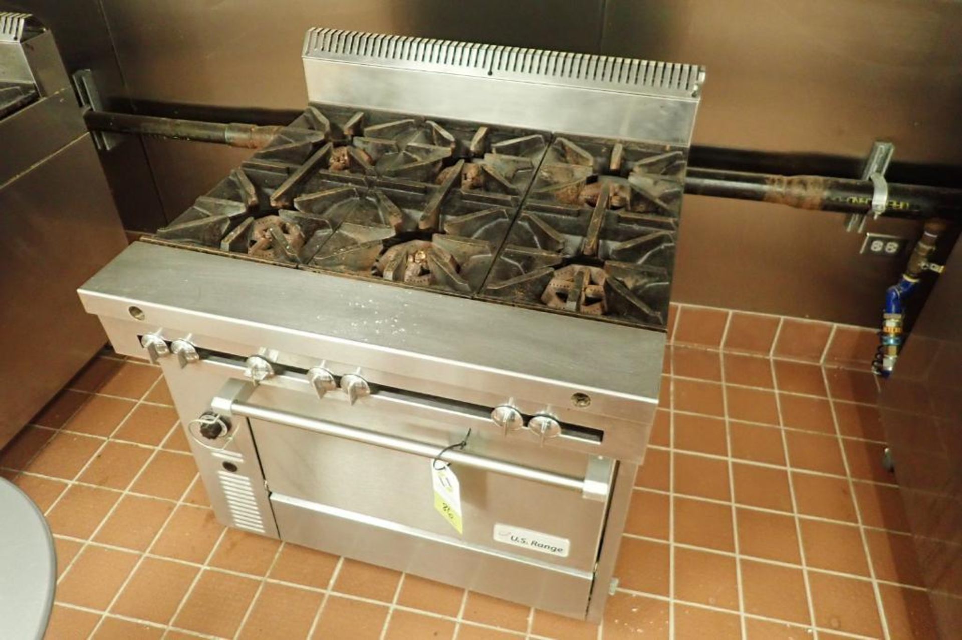 US Range 6 burner stove, Model C836-6, natural gas, 36 in. wide x 39 in. deep x 41 in. tall, on cast