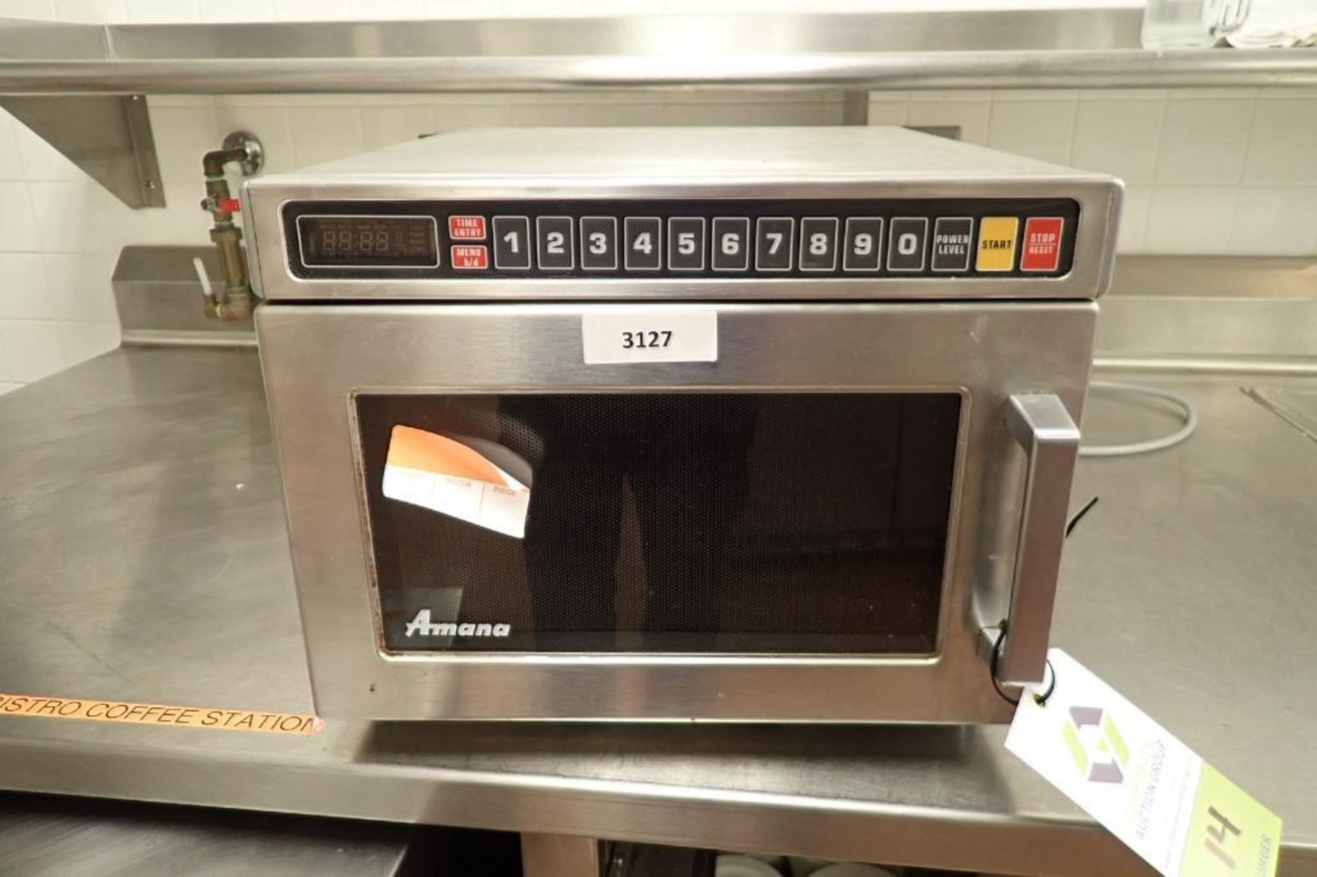 Amana SS commercial microwave, Model CRC10T2, SN 9908123250, 17 in. wide x 20 in. deep x 14 in. tall