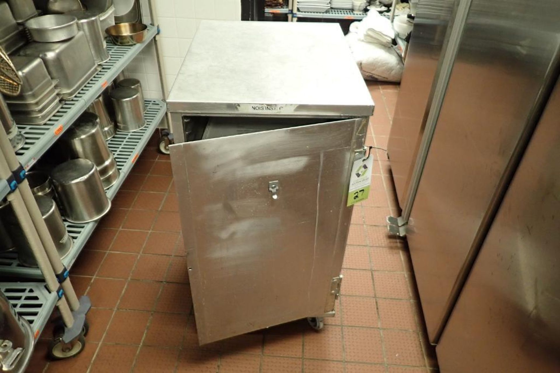 Aluminum holding cabinet for trays, 21 in. wide x 27 in. deep x 41 in. tall, on casters