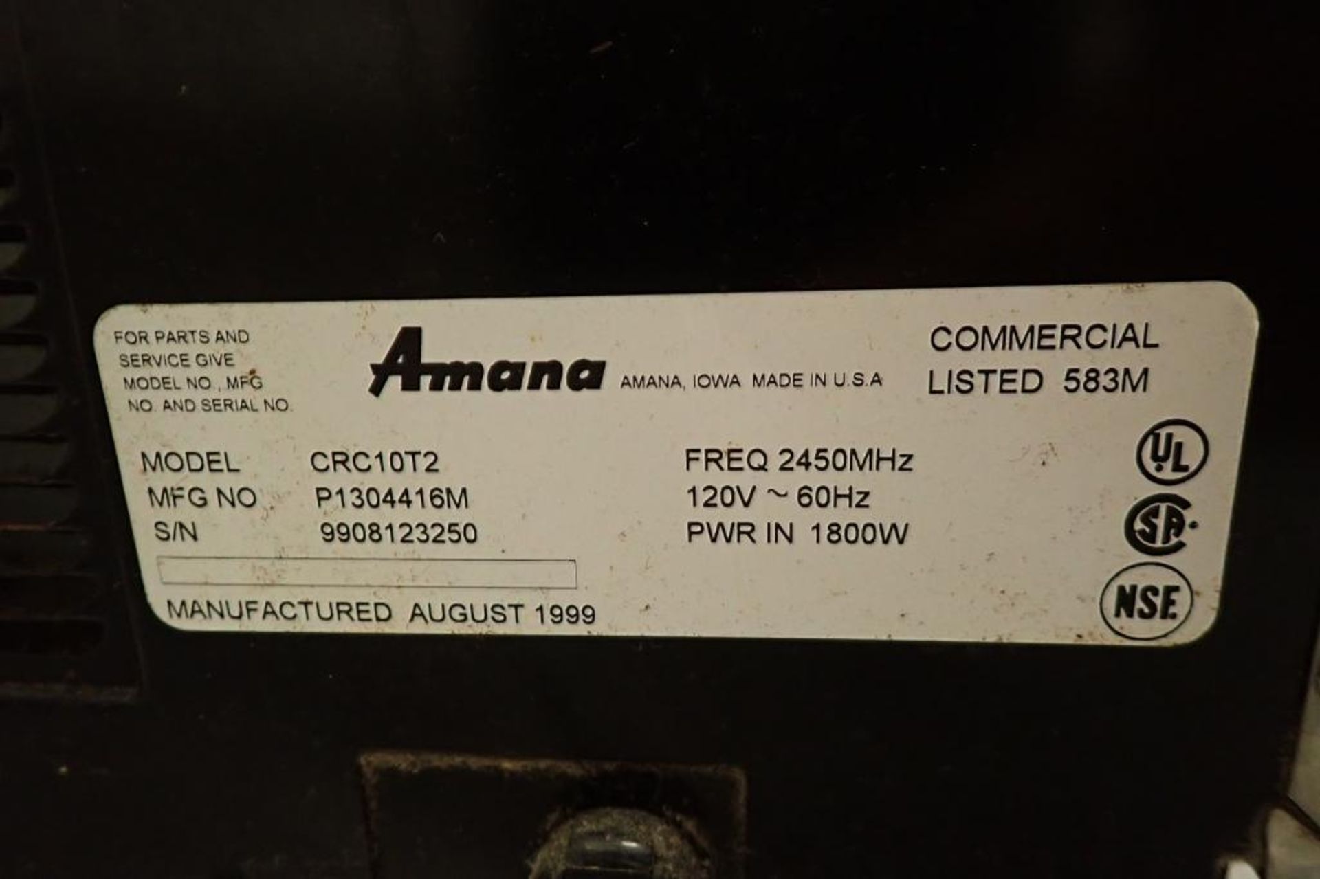 Amana SS commercial microwave, Model CRC10T2, SN 9908123250, 17 in. wide x 20 in. deep x 14 in. tall - Image 4 of 4