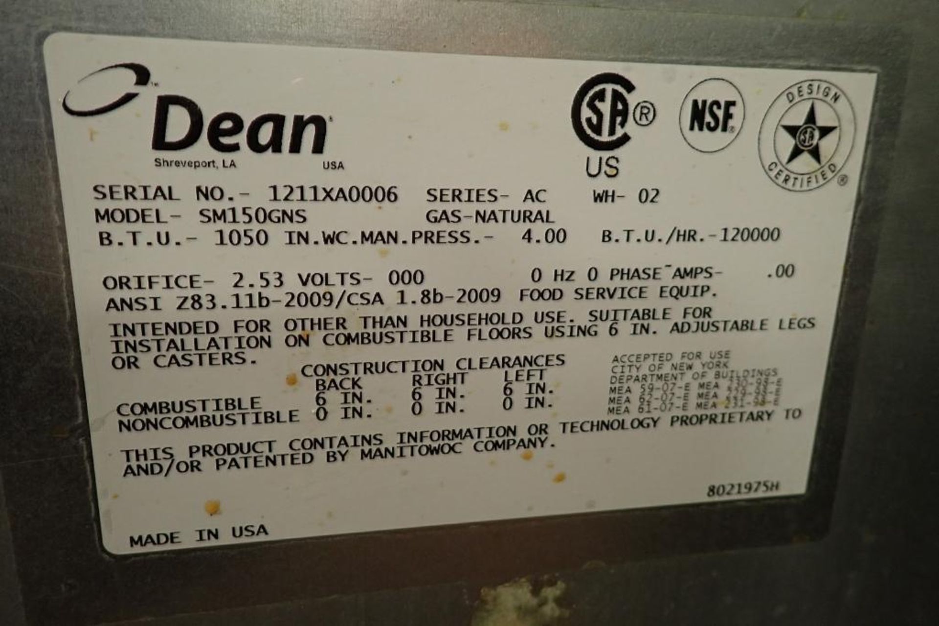 Dean 2 basket fryer, Model SM150GNS, 40 lb fryer, 16 in. wide x 29 in. deep x 59 in. tall, on caster - Image 7 of 7