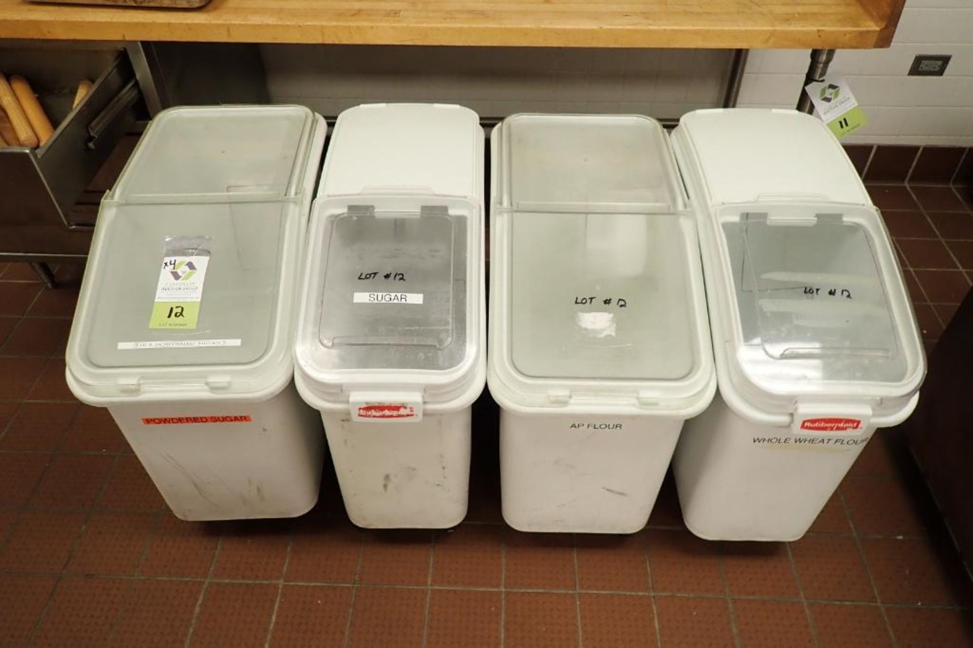 Rubbermaid plastic ingredient bins, 30 in. long x 15 in. wide x 28 in. tall, on casters