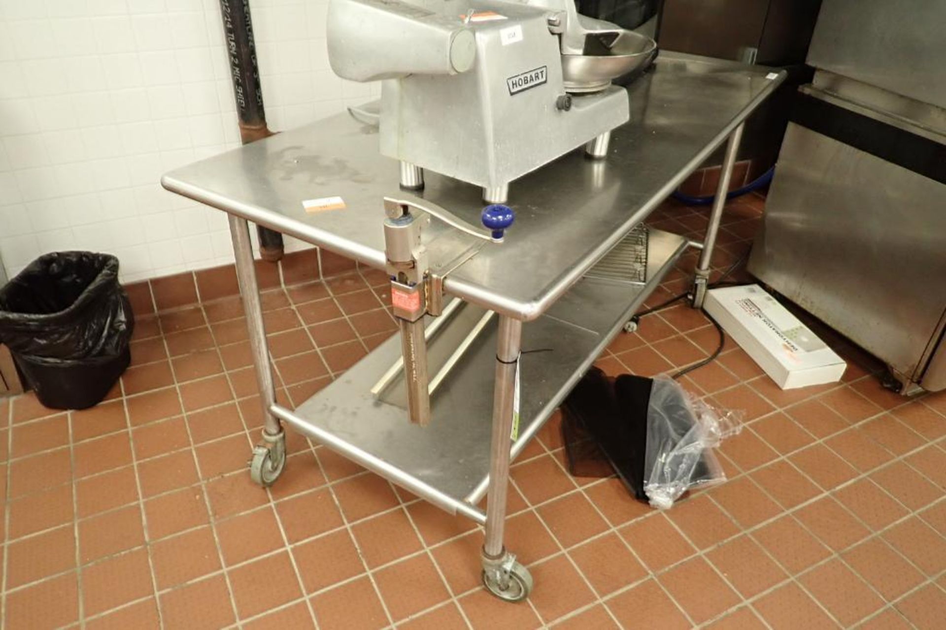 SS prep table, 72 in. long x 36 in. wide x 36 in. tall, on casters, with Edlund can opener - Image 2 of 4