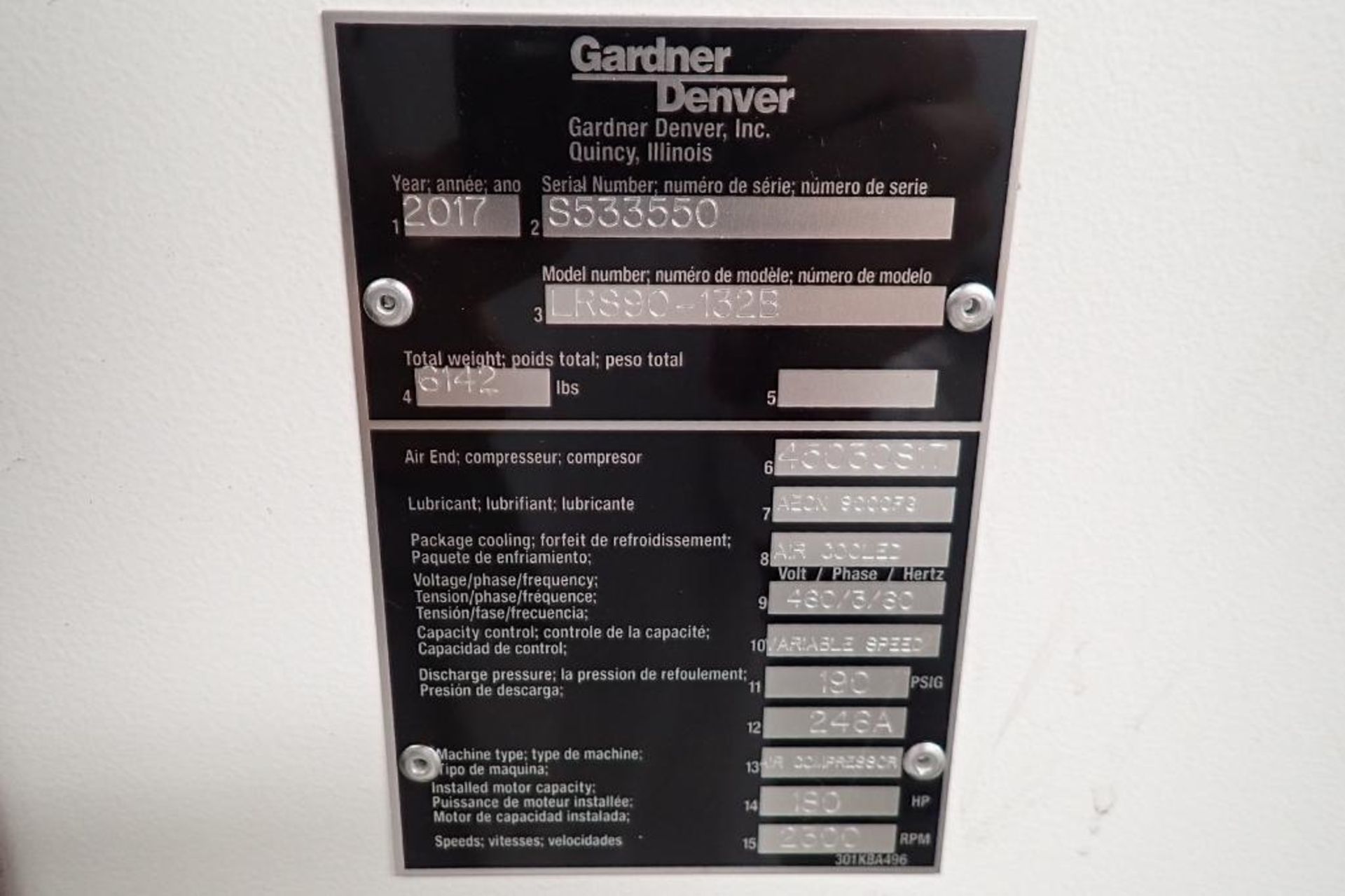 2017 Gardner Denver 180 hp screw compressor, Model LRS90-132B, SN S533550, 5402 hours - ** Rigging F - Image 6 of 7