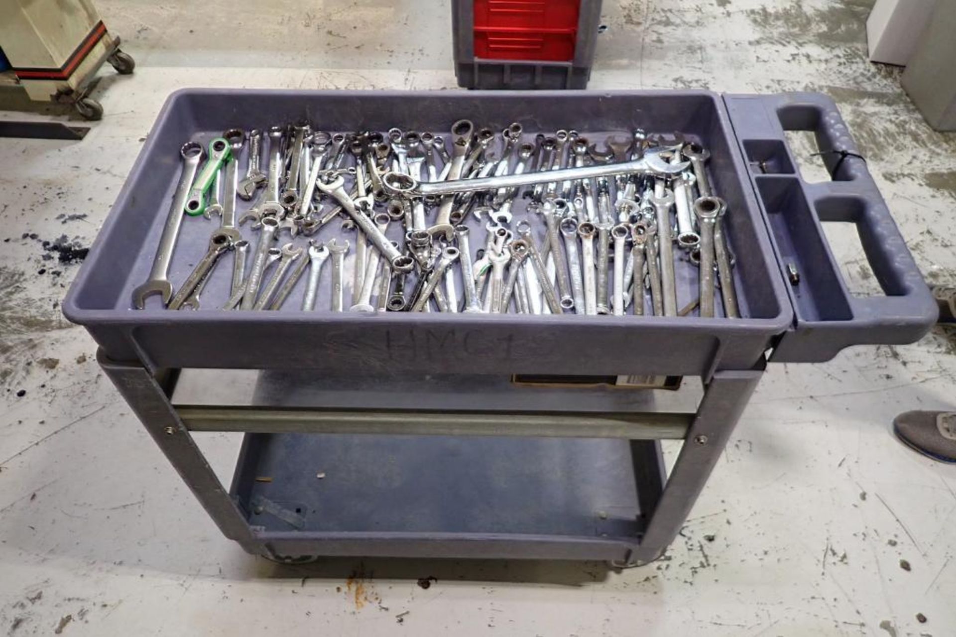 Lot of assorted wrenches, standard and metric, with Rubbermaid cart - ** Rigging Fee: $ 25 **