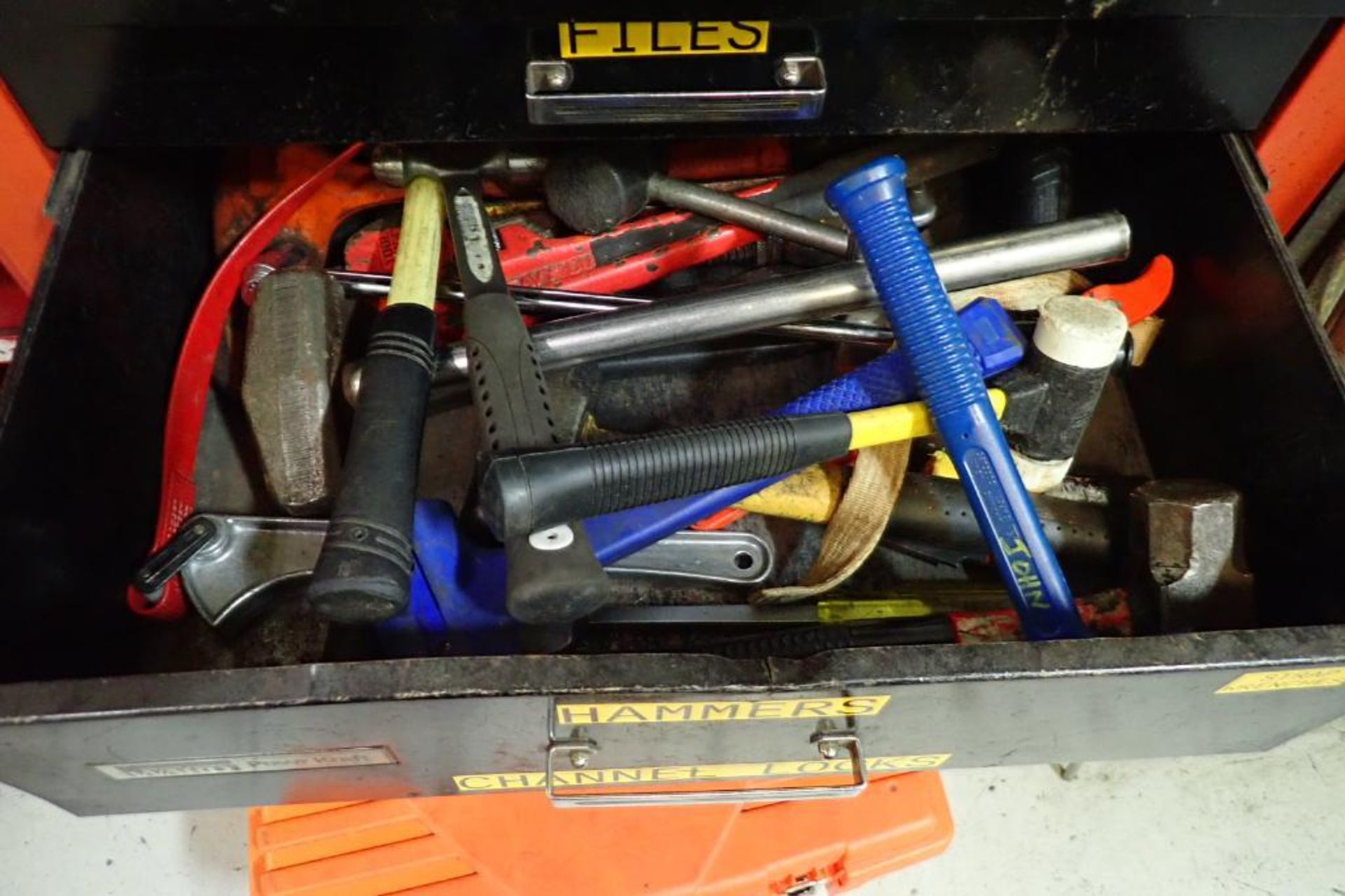 Montgomery Ward 8-drawer tool box on wheels with tools, dies, taps, wrenches, hammers, pliers, cutte - Image 4 of 4