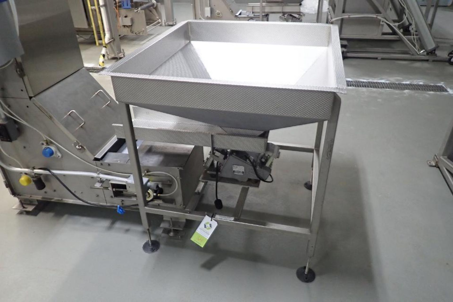SS dimple hopper, 44 in. long x 40 in. wide, with Meyer SS dimple bed vibratory conveyor, 36 in. lon