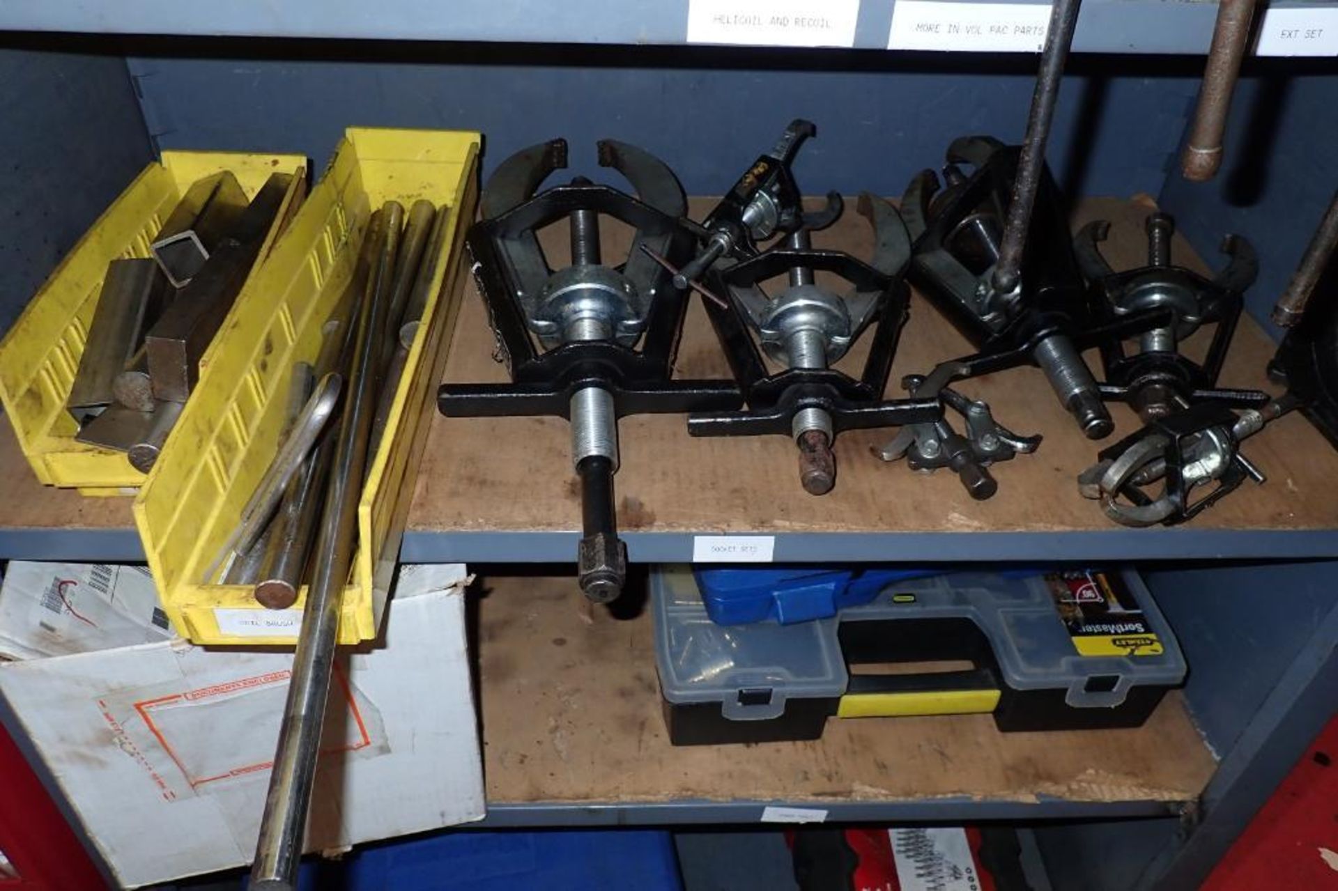 Contents of shelf, pulley pullers, C-clamps, shafts and dies - ** Rigging Fee: $ 100 ** - Image 4 of 7