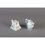 A Chinese blue and white teapot and a quadrangular famille rose teapot and cover, 19th C.