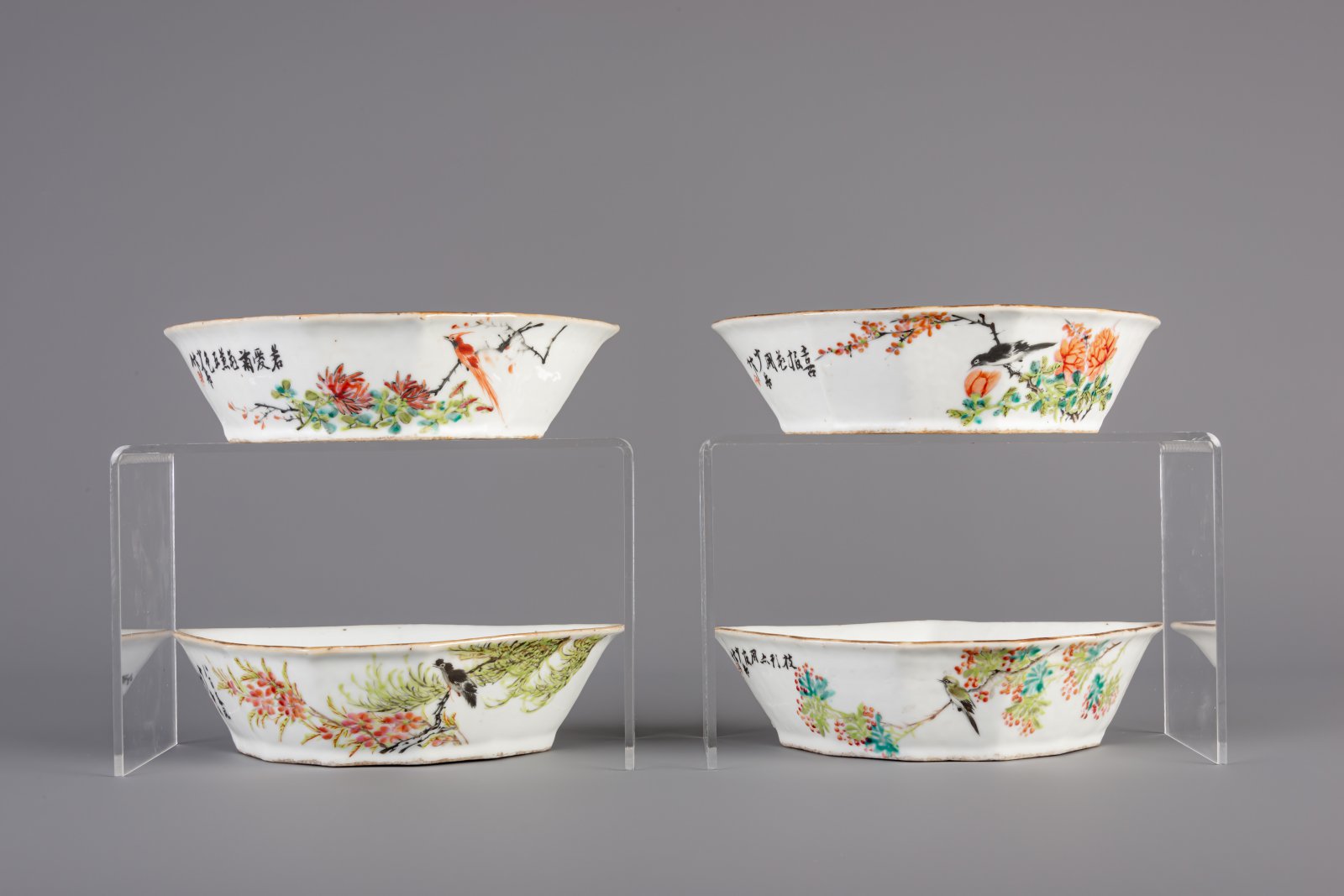 A Chinese famille rose sweetmeat or rice table set with birds among flowers, 19th C. - Image 3 of 11