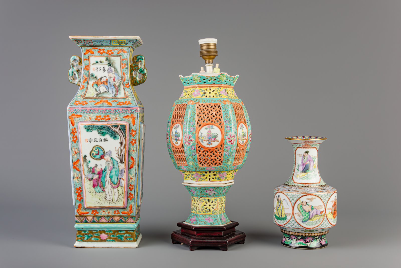 A Chinese famille rose lantern, an 'Immortals' vase and a vase with sages, 19th and 20th C. - Image 4 of 7