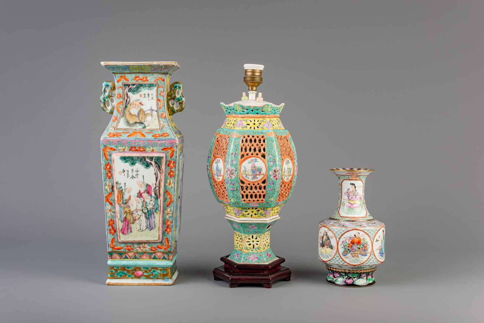 A Chinese famille rose lantern, an 'Immortals' vase and a vase with sages, 19th and 20th C.