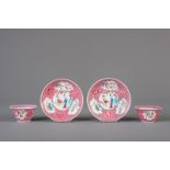 Two pairs of Chinese famille rose pink ground cups and saucers, Yongzheng