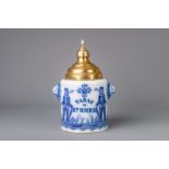 A Brussels brass covered blue and white faience tobacco jar, 19th C.