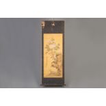 A Chinese silk scroll painting with flowers, signed, 19th C.