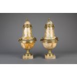 An imposing pair of gilt bronze mounted Rosalia marble cassolettes, 19th/20th C.