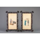 Two Chinese watercolours on paper with traditional professions in carved wooden frame, 19th C.