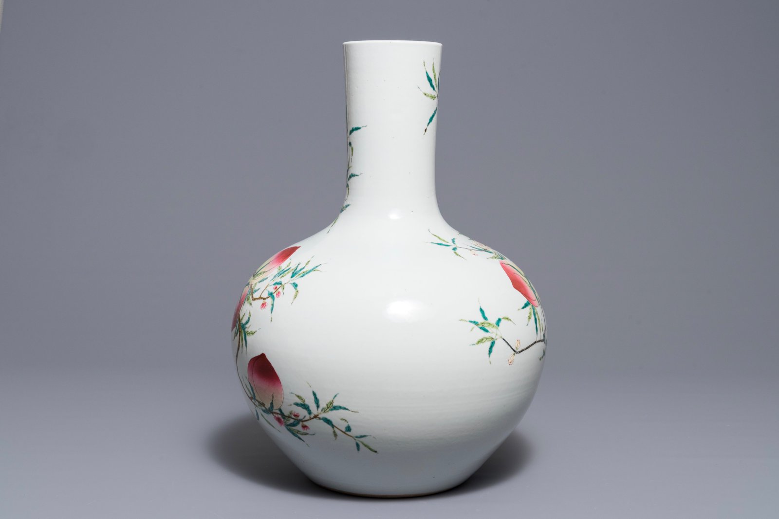 A Chinese famille rose "nine peaches" vase, Qianlong mark, 20th C. - Image 3 of 6