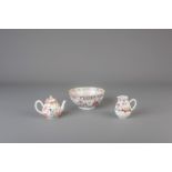 A Chinese famille rose teapot, a milk jug and a bowl, Yongzheng/Qianlong