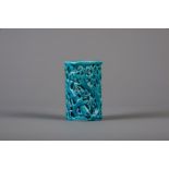 A Chinese monochrome turquoise reticulated brush pot, Kangxi