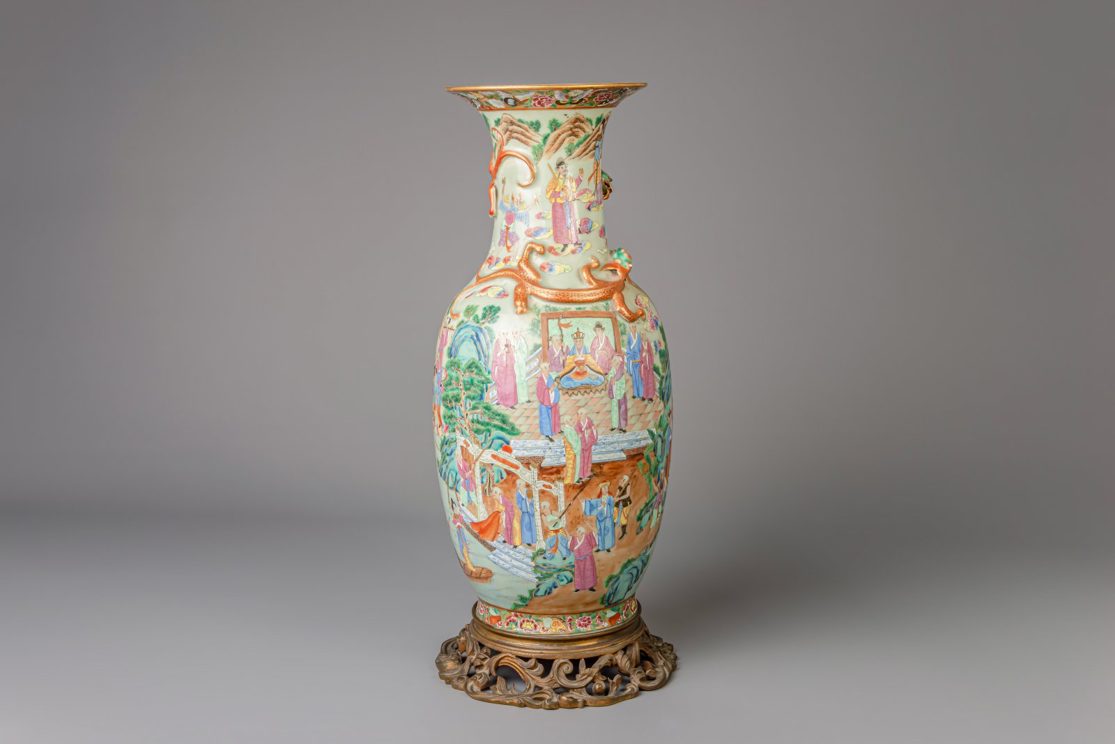 A Chinese gilt bronze mounted famille rose celadon ground Canton vase, 19th C. - Image 4 of 13