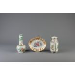 Two Chinese Canton famille verte vases and a lobed famille rose plate, 19th C.