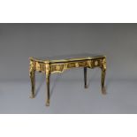 French gilt bronze mounted brass and tortoiseshell ebonized bureau, Befort Pre mark, 19th C.