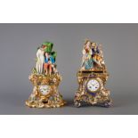 Two two-part old Paris porcelain figural mantel clocks, France, 19th C.