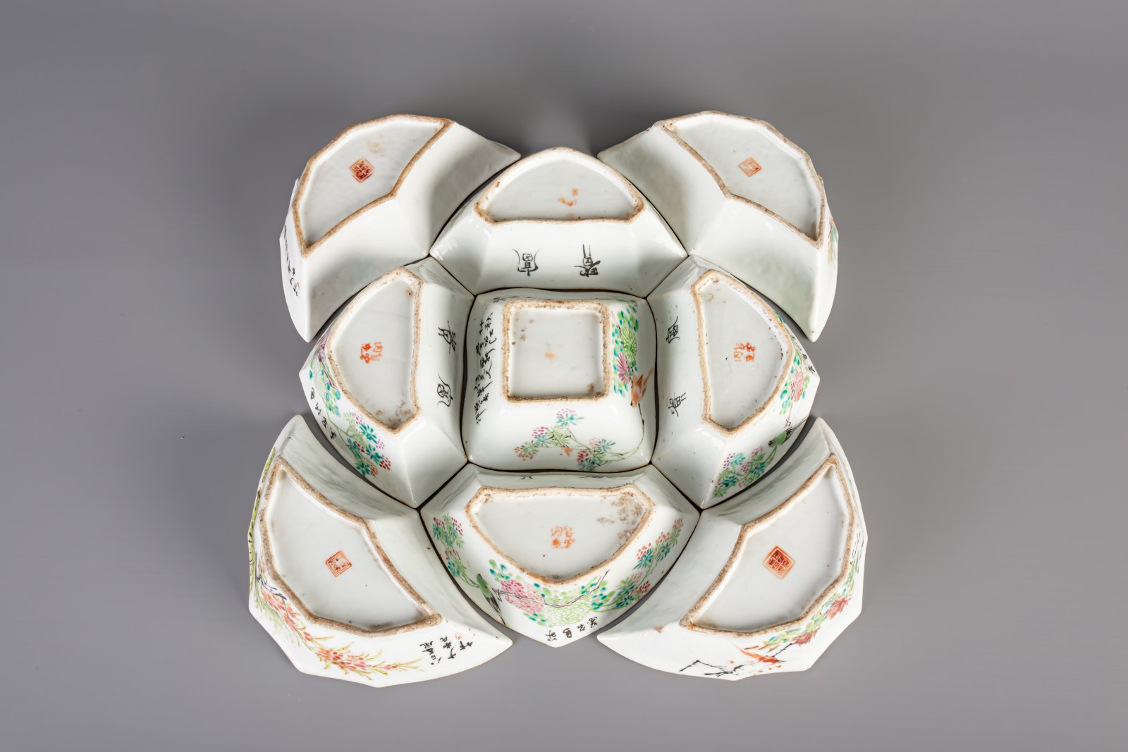A Chinese famille rose sweetmeat or rice table set with birds among flowers, 19th C. - Image 11 of 11