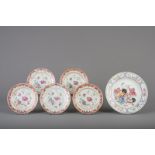 A Chinese famille rose 'rooster' plate and five dishes with floral design, Yongzheng en Qianlong