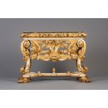 A Venetian gilt and patinated wooden console with a faux marbre top, 18th C.