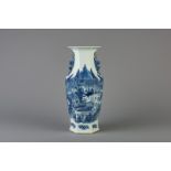 A hexagonal Chinese blue and white vase with a landscape, 19th/20th C.